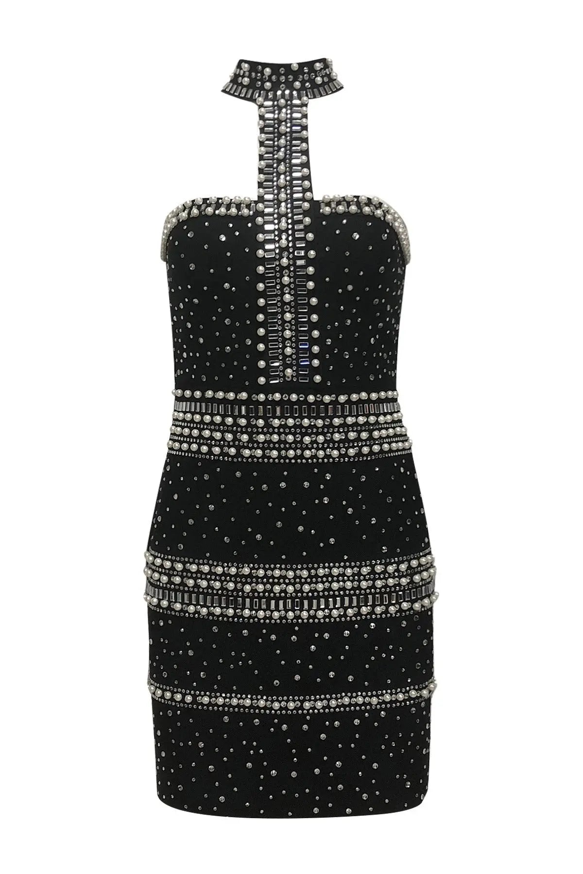 Rhinestone Halter Mini Dress in Black