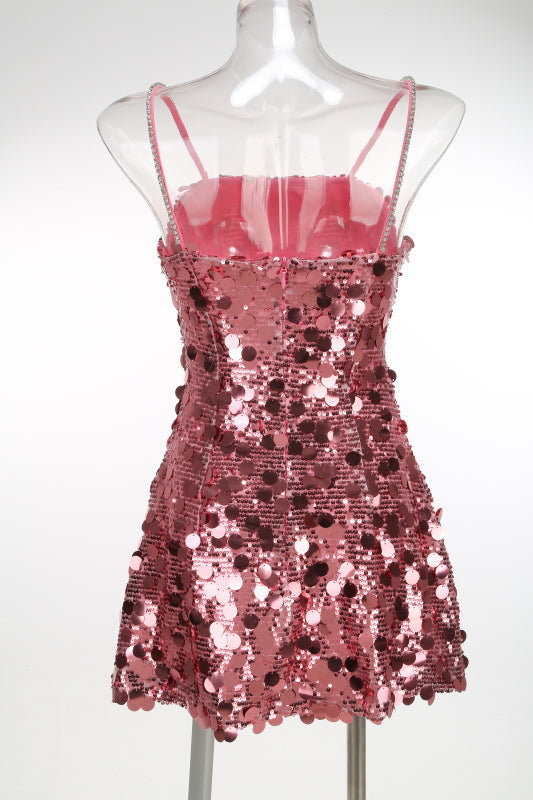 Strappy Sequin Embellished Mini Dress in Pink