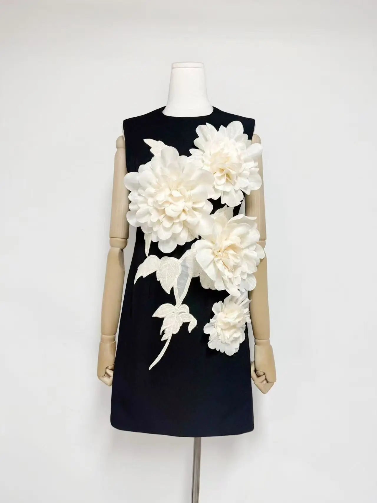 3D Flower Embellished Mini Dress in Black