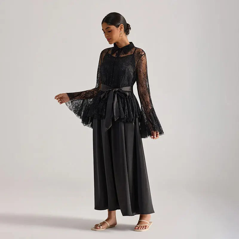 Black Lace Bell-Sleeve Ruffle Embroidered top maxi skirt set
