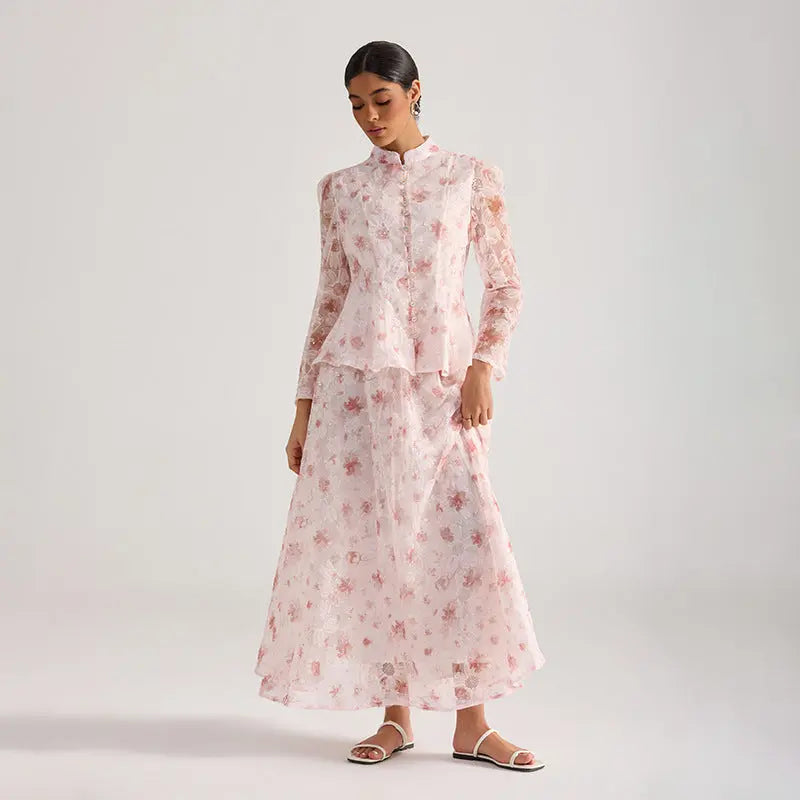Pink Floral Embroidered Long-Sleeve Top Skirt Set