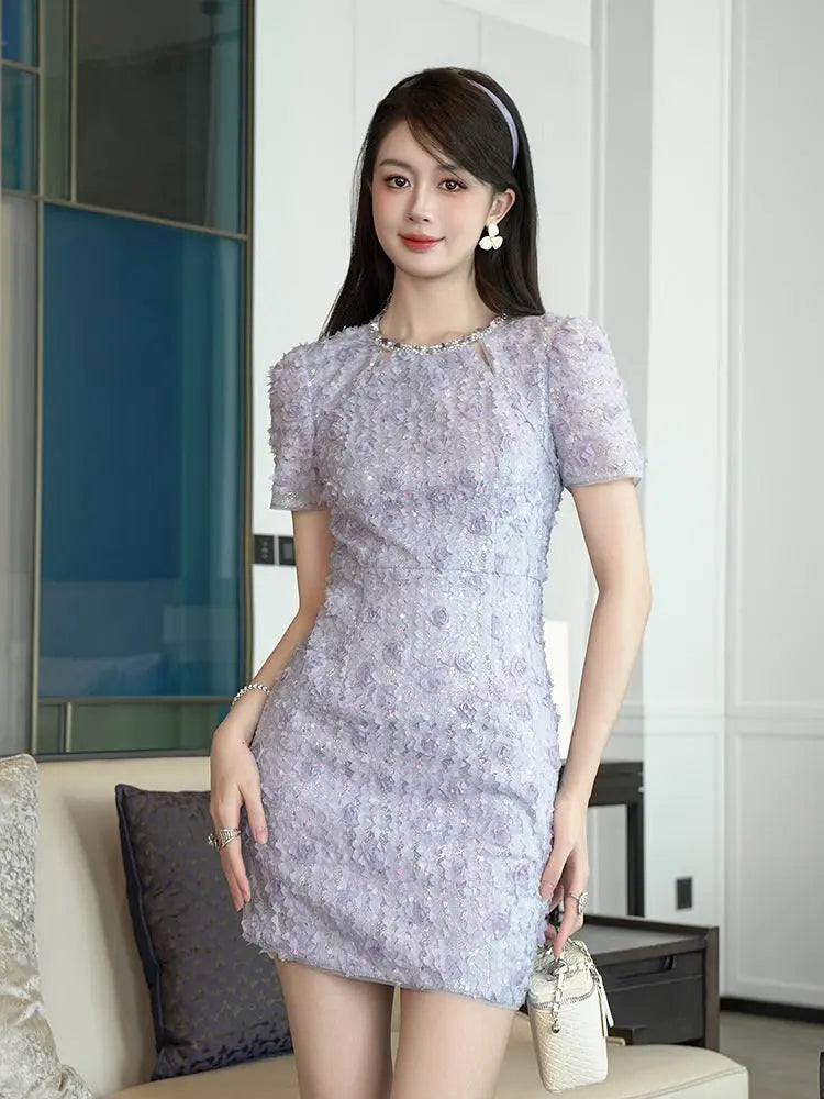 Rhinestone Flower Embroidery Bodycon Mini Dress in Purple