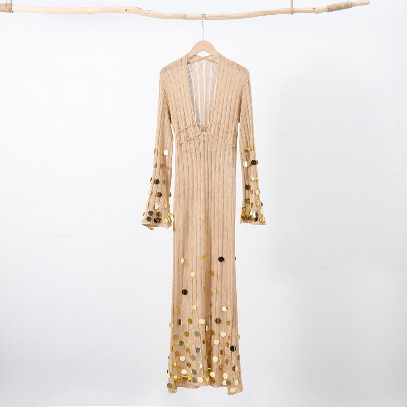 Golden Aura V-Neck Knitted Maxi Dress