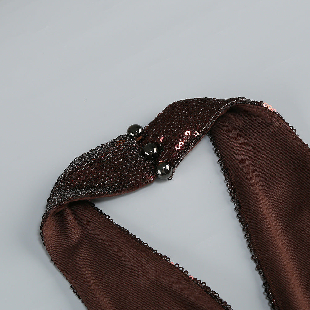 Brown Sequin Deep V High Waist Jumpsuit
