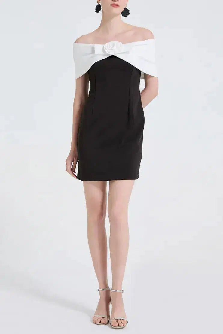 Off-Shoulder 3D Flower Mini Dress in Black