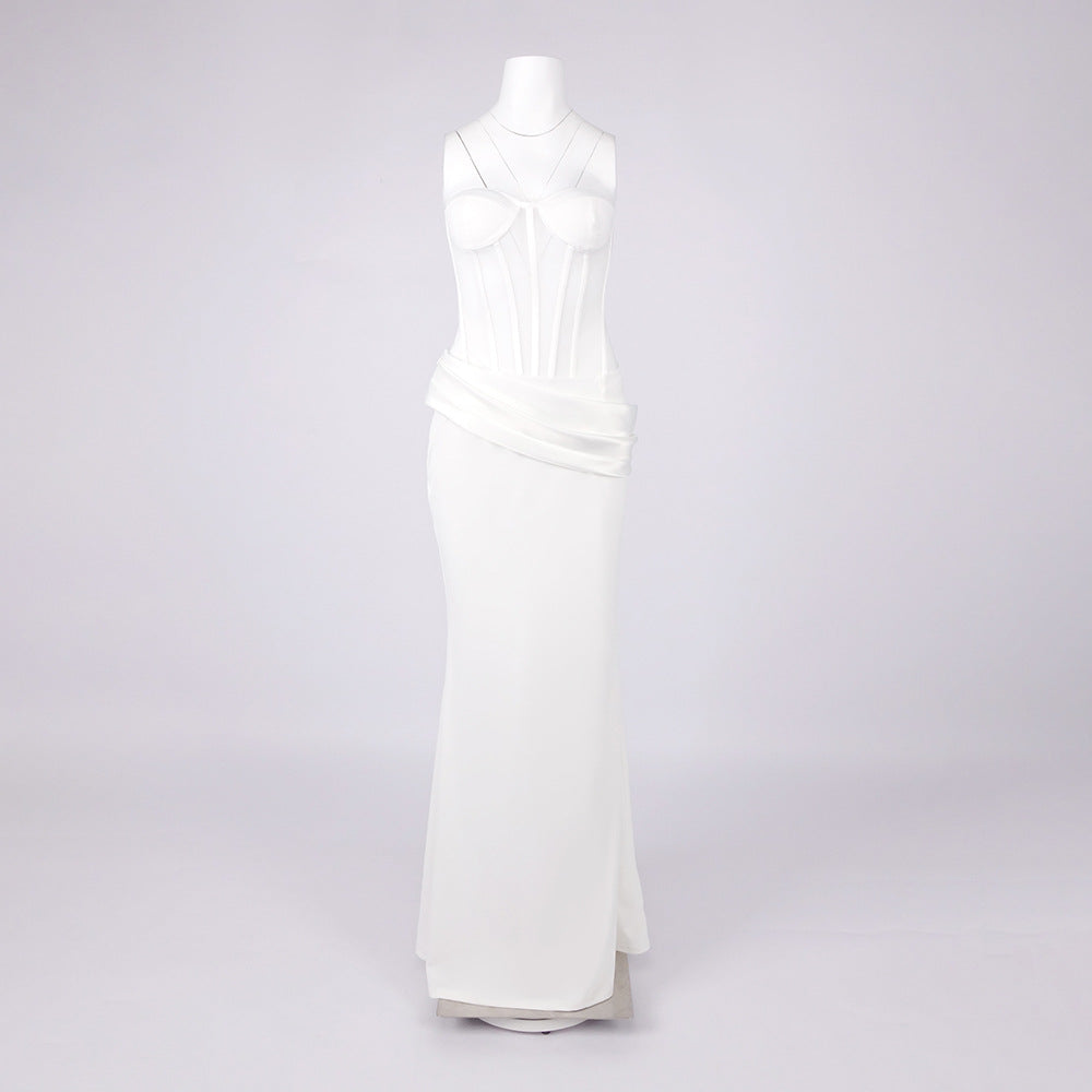 Veiled Corset Maxi Dress in White