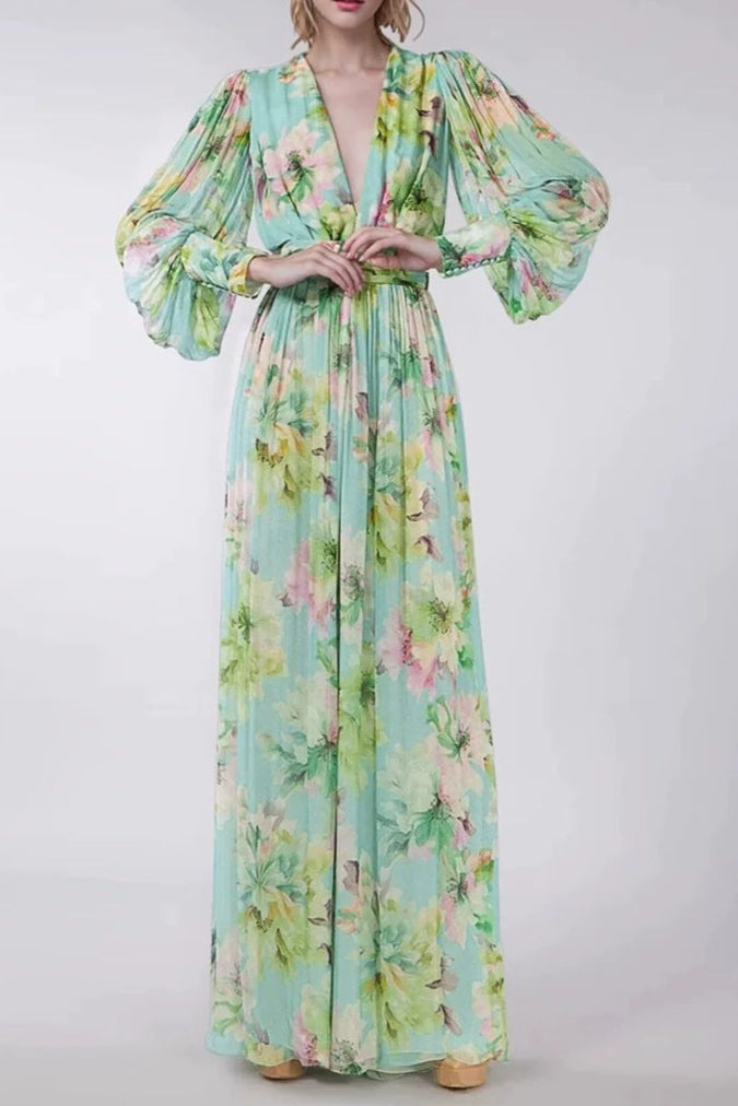 V Neck Floral Print Maxi Dress in Green