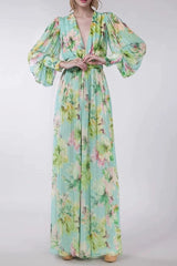 V Neck Floral Print Maxi Dress in Green