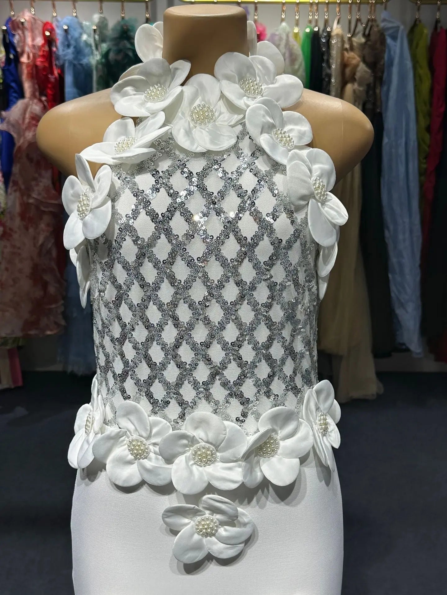 3D Flower Sequin Halter Bandage Maxi Dress in White