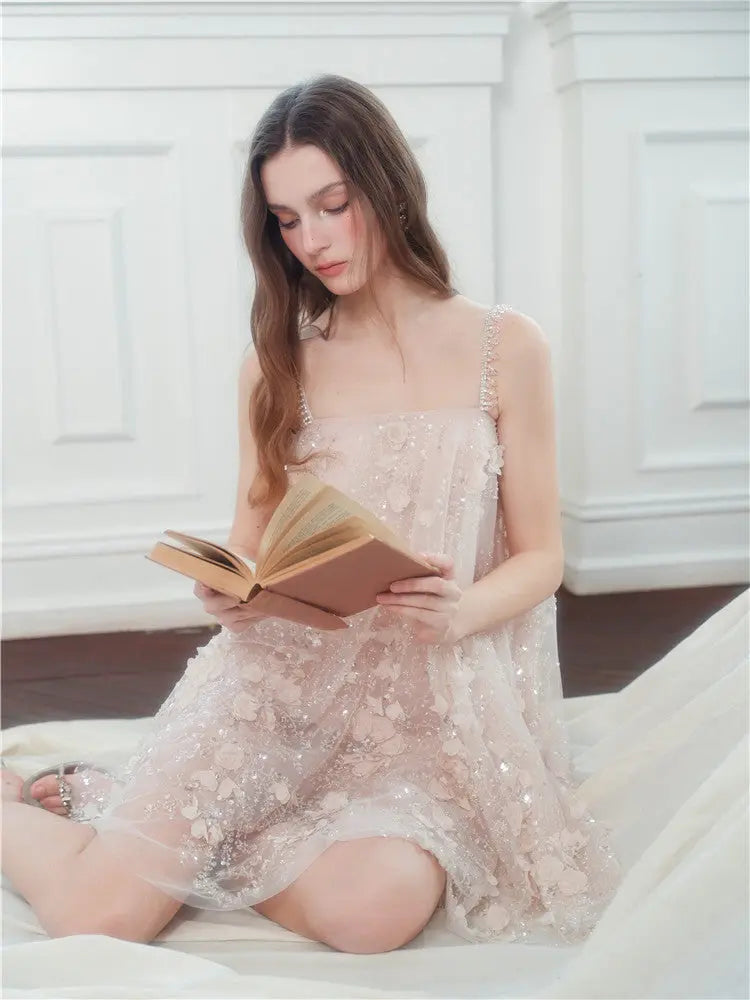 Pink Flower Embroidered Sequin Doll Party Dress