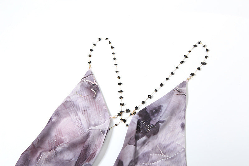 Backless Printed High Low Maxi Dress in Purple