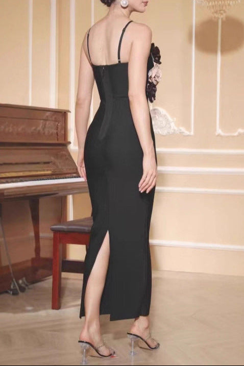 3D Flower Strap Maxi Dress in Black