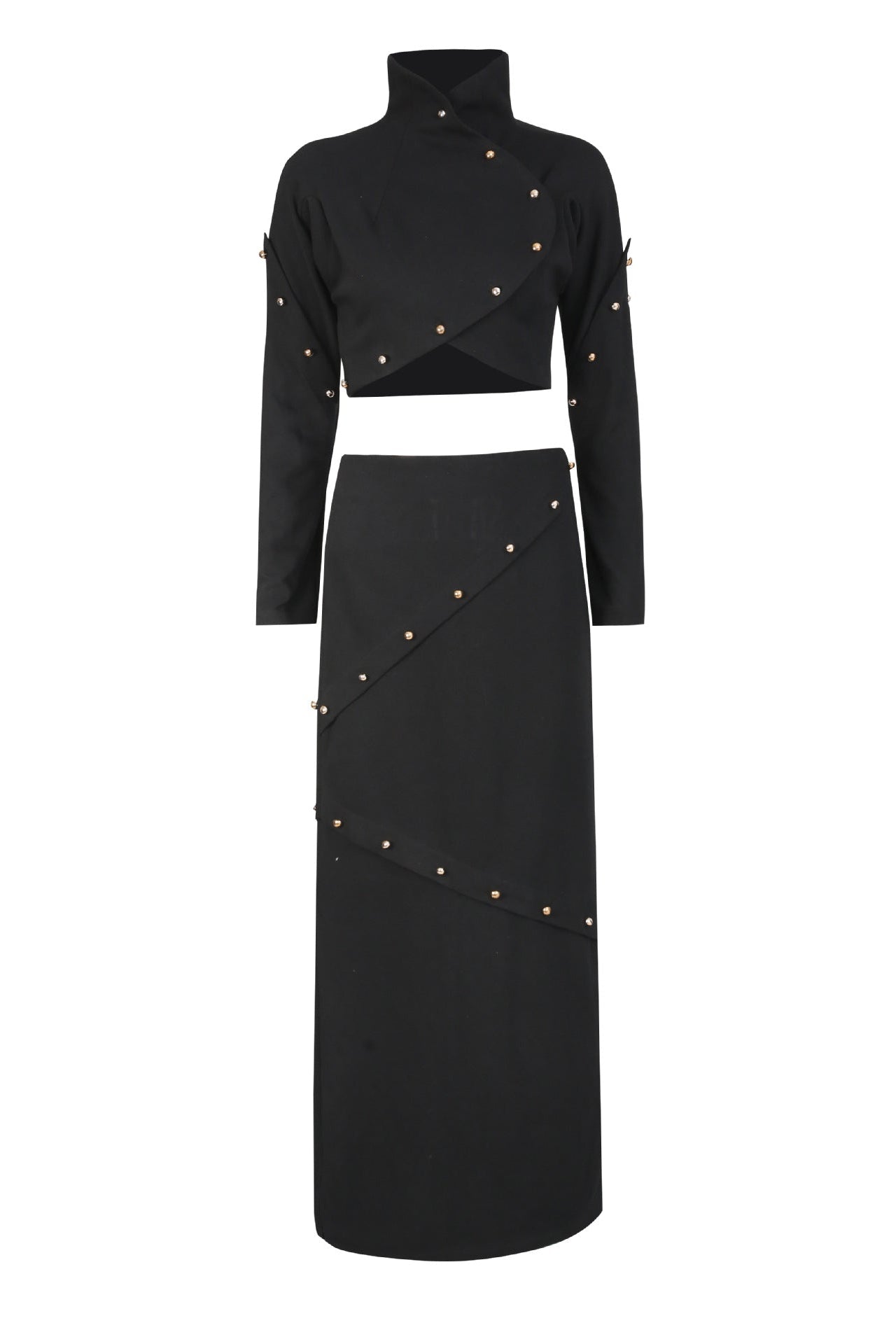 Button-Embellished Cotton-Jersey Top Maxi Skirt Suit in Black