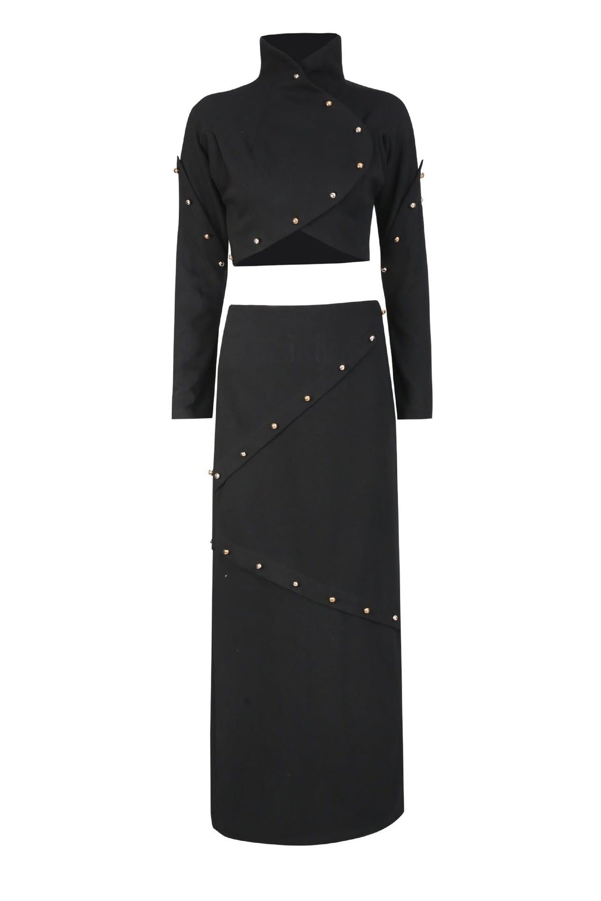 Button-Embellished Cotton-Jersey Top Maxi Skirt Suit in Black