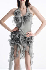 Grey Flower Folds Streame Mini Dress