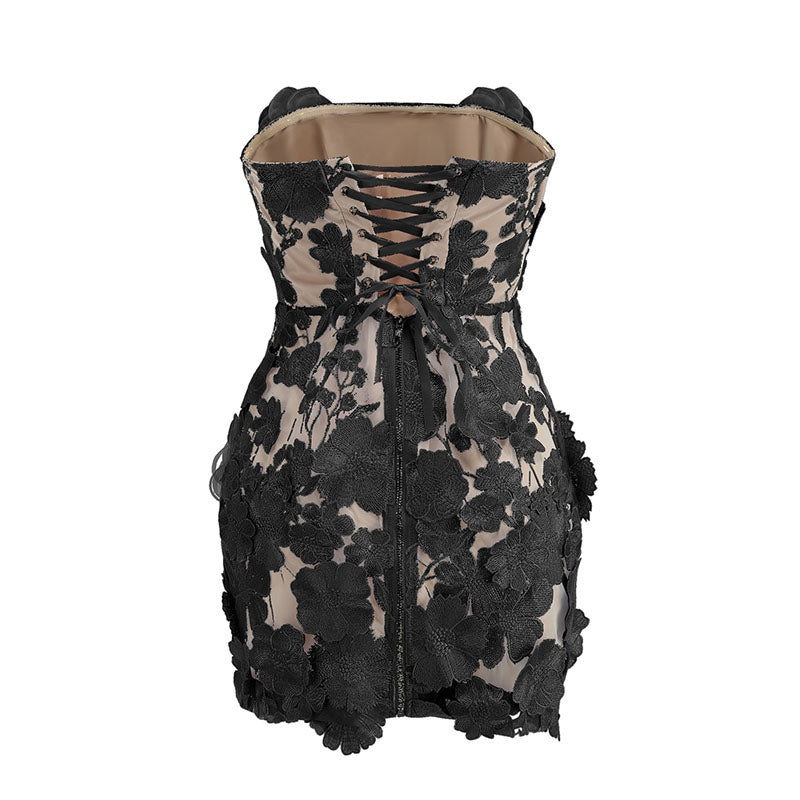 Floral Embroidery Mini Dress in Black