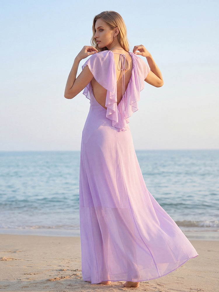 Deep V-Neck Lace Backless Maxi Dress in Purple