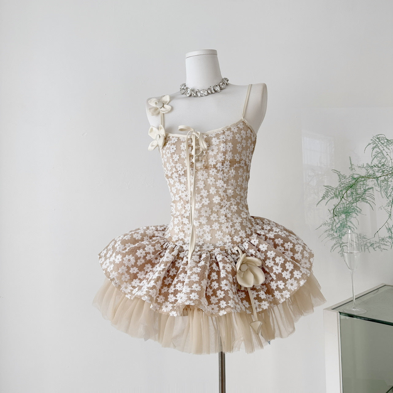 Lace-Trim Floral-Decorated Slip Mini Dress in Apricot