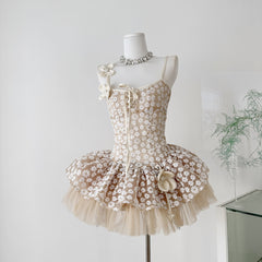 Lace-Trim Floral-Decorated Slip Mini Dress in Apricot