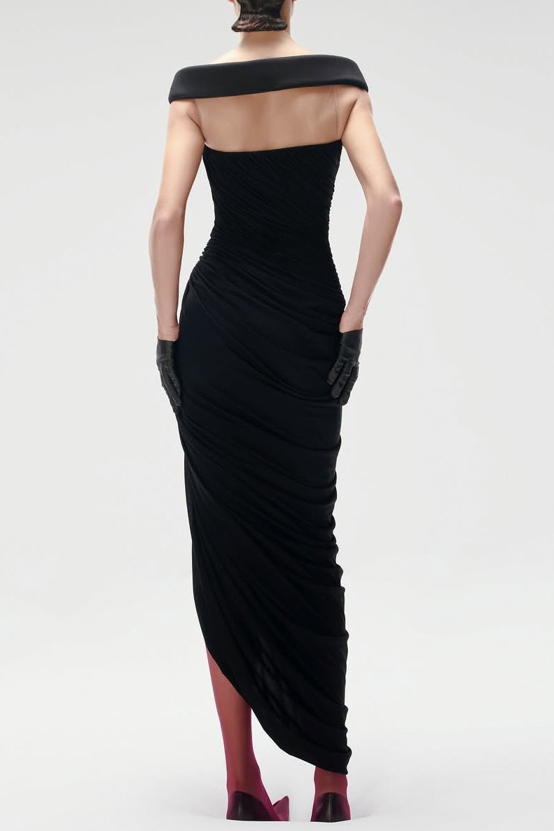 Black Off-shoulder Asymmetrical-High Maxi Dress