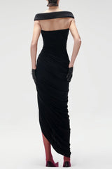 Black Off-shoulder Asymmetrical-High Maxi Dress