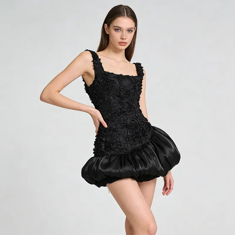 Flower Embellished Puffy Mini Dress in White
