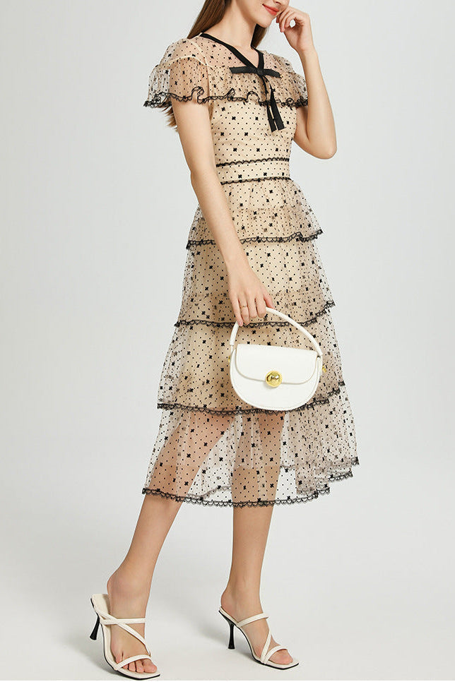 Floral Embroidery Mesh Midi Dress in Apricot