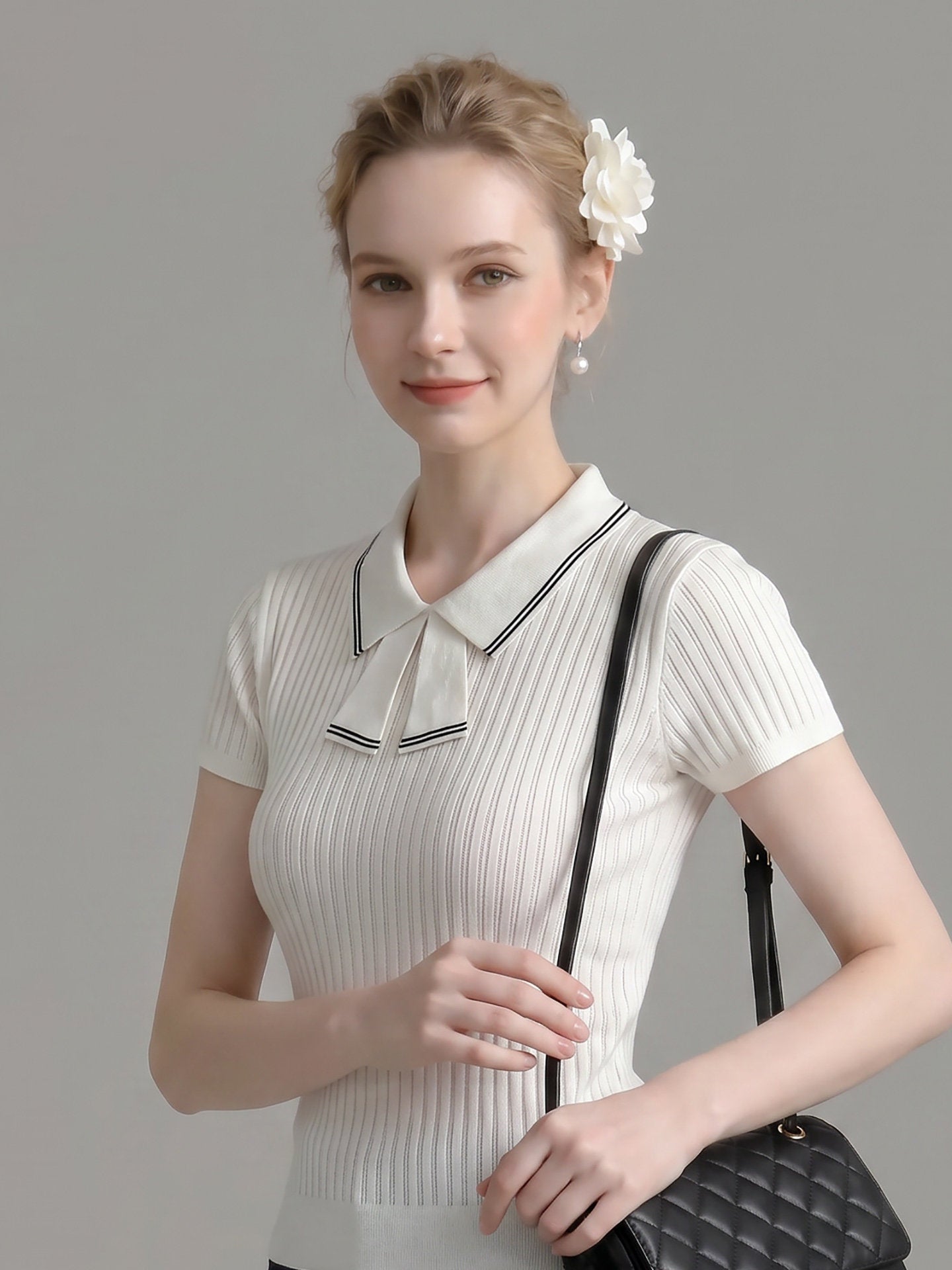 Collar Tie Ribbed Knit Short Sleeve Top