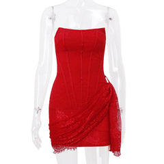 Red Bandage Backless Floral Lace Corset mini Dress