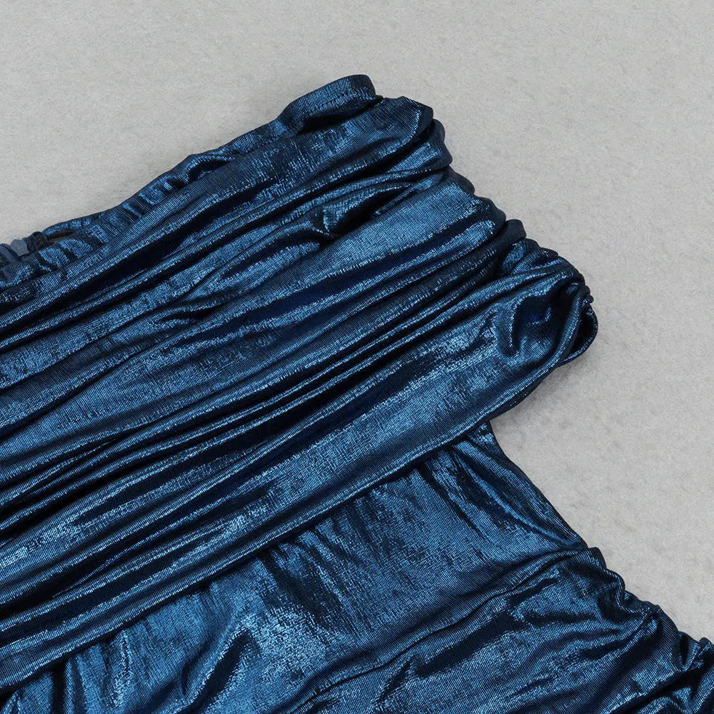 Dark Blue Contour Off Shoulder Ruched Maxi Dress