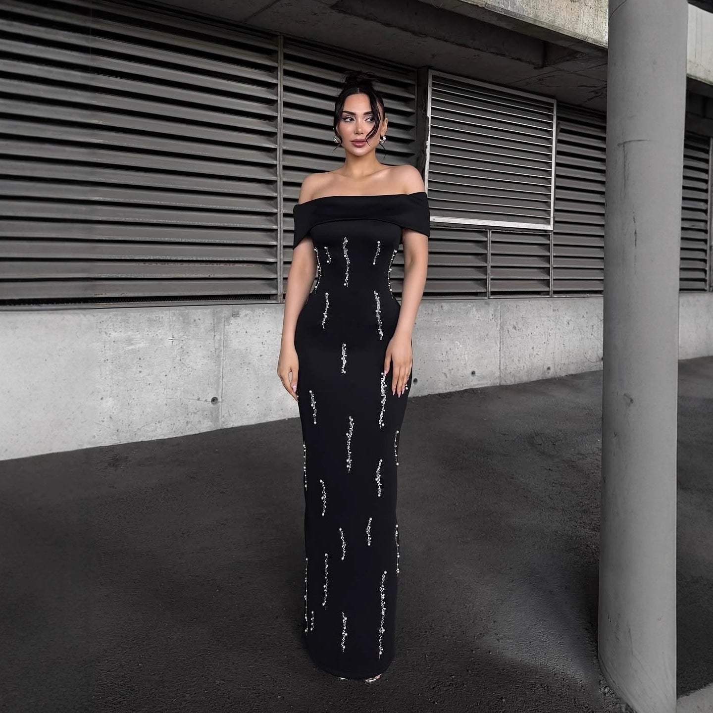 Off-Shoulder Rhinestone Bandage Maxi Dress in Black