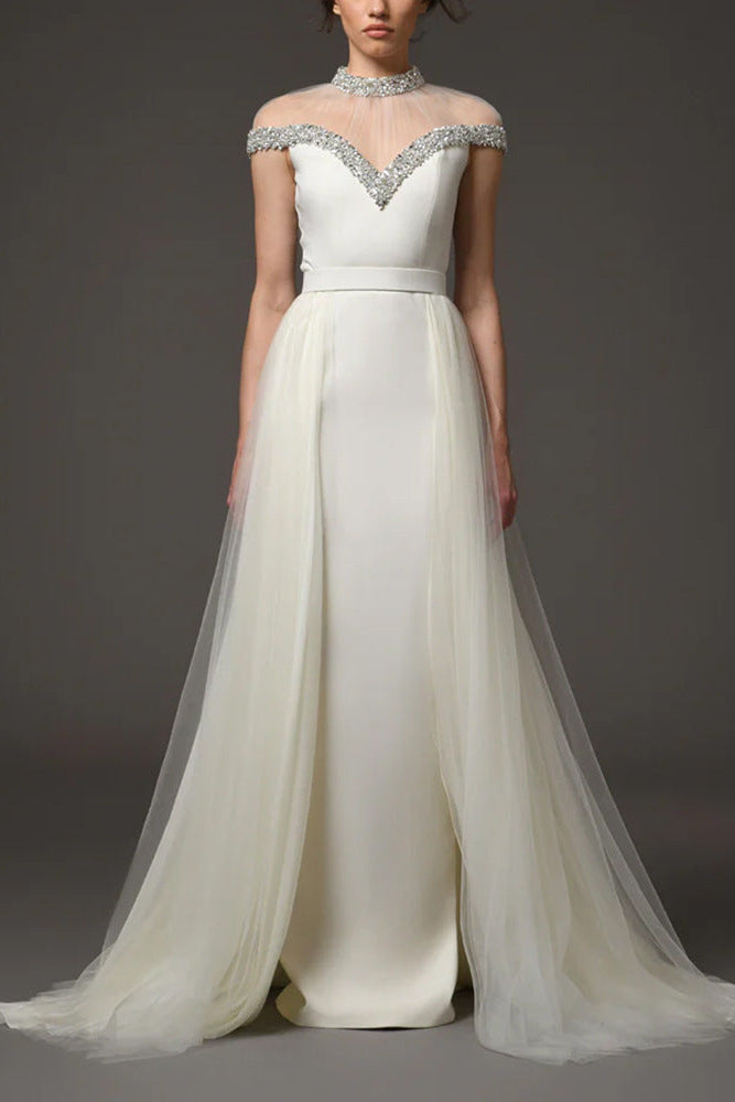 Mesh-Paneled Rhinestone-Embellished Maxi Dress - White
