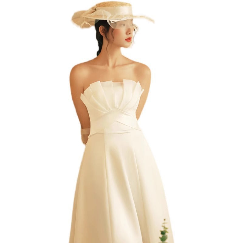 Sequin French Satin Minimalist Slimming Princess-Style Light Weight Wedding Maxi Dress