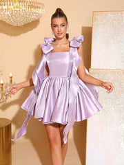 Cara Bowknot Satin Puffy Mini Dress in Purple