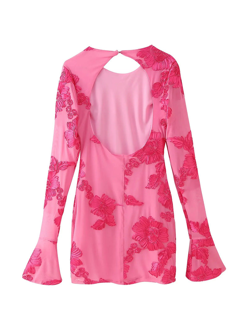 Yellow Backless Floral Sleeve Slim Fit Mini Dress