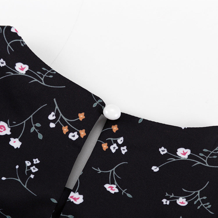 Floral Print Ruffle Trim Midi Dress in Black