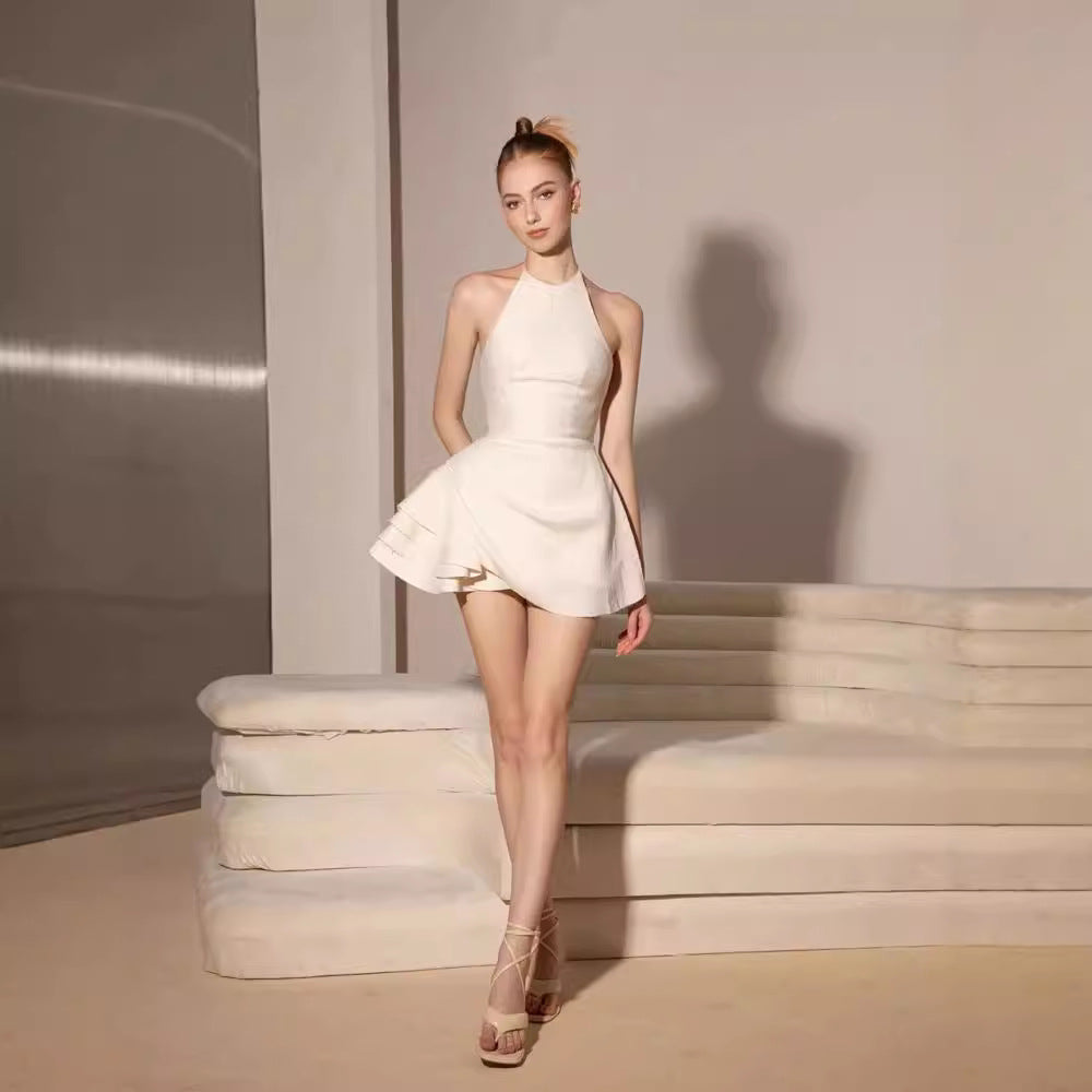 Backless Halter Mini Dress in Beige