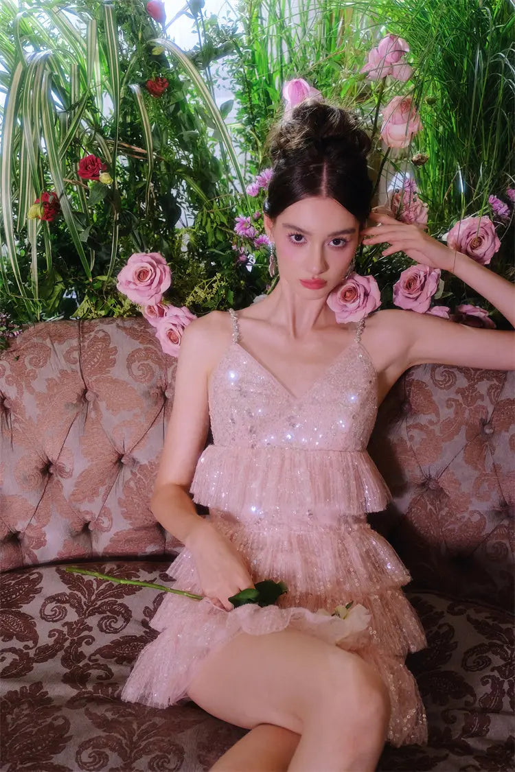 Pink Sleeveless Sequin Ruffle Short Dinner Dress