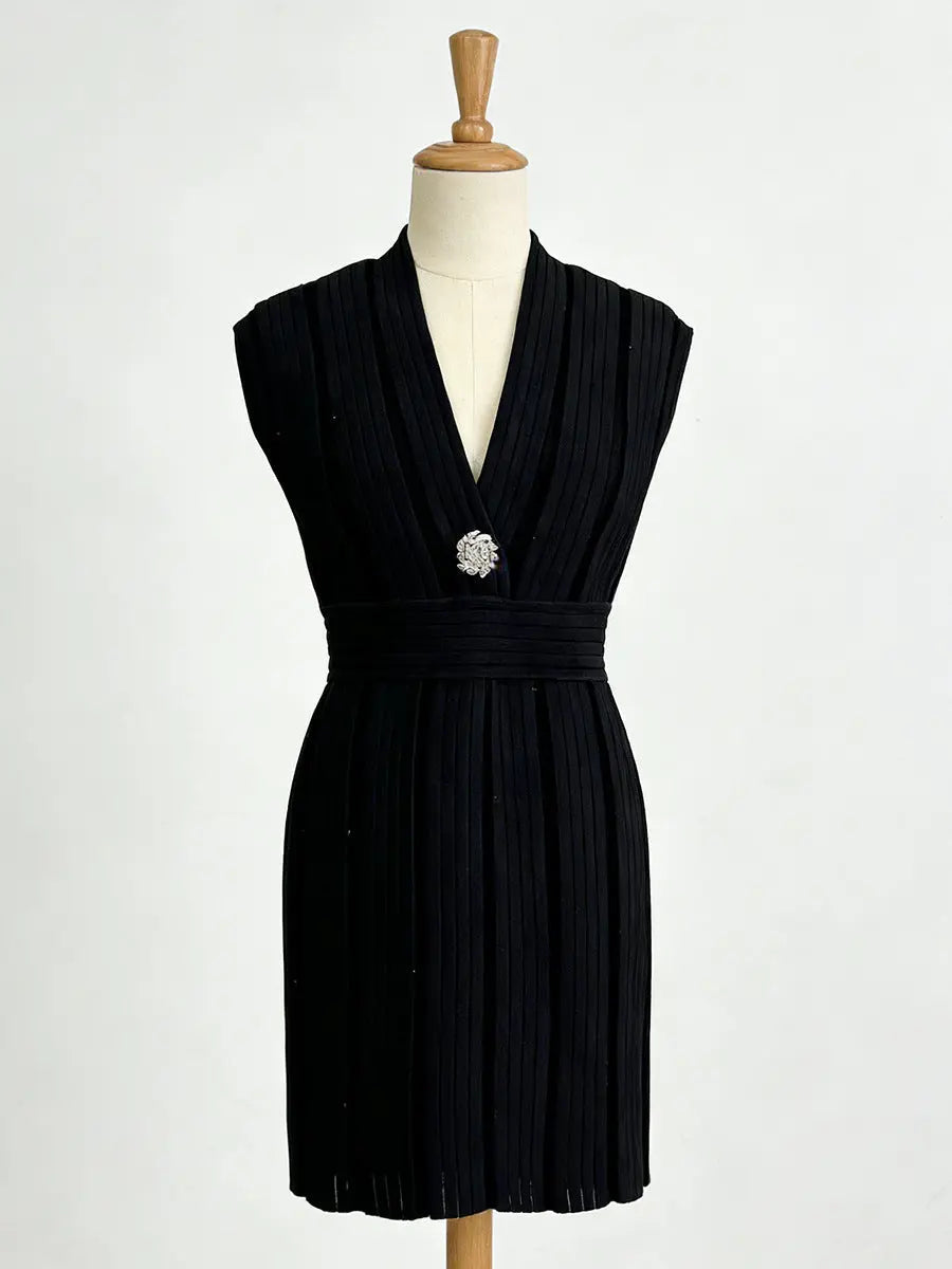 Black V-Neck Mini Dress with Shimmering Ses