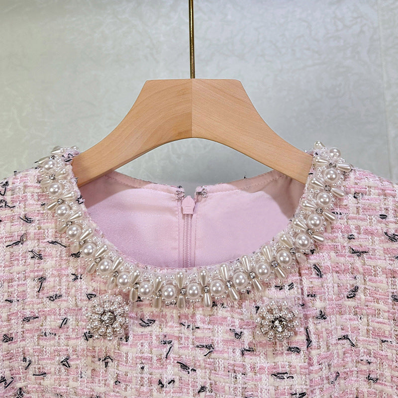 Embellished Boucle Mini Dress in Pink