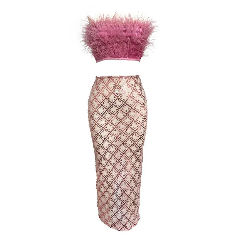 Pink Feather Top Sequin Midi Skirt Set