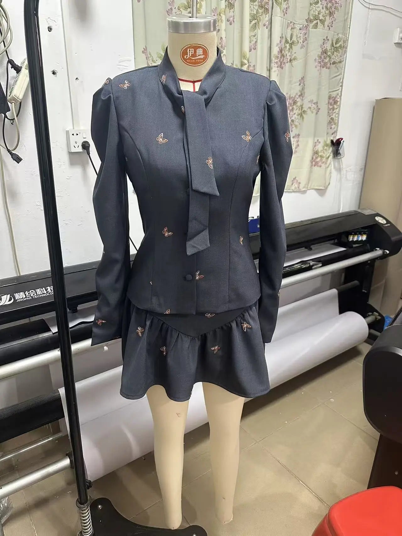 Dark Grey Embroidered Blazer Mini Skirt Set