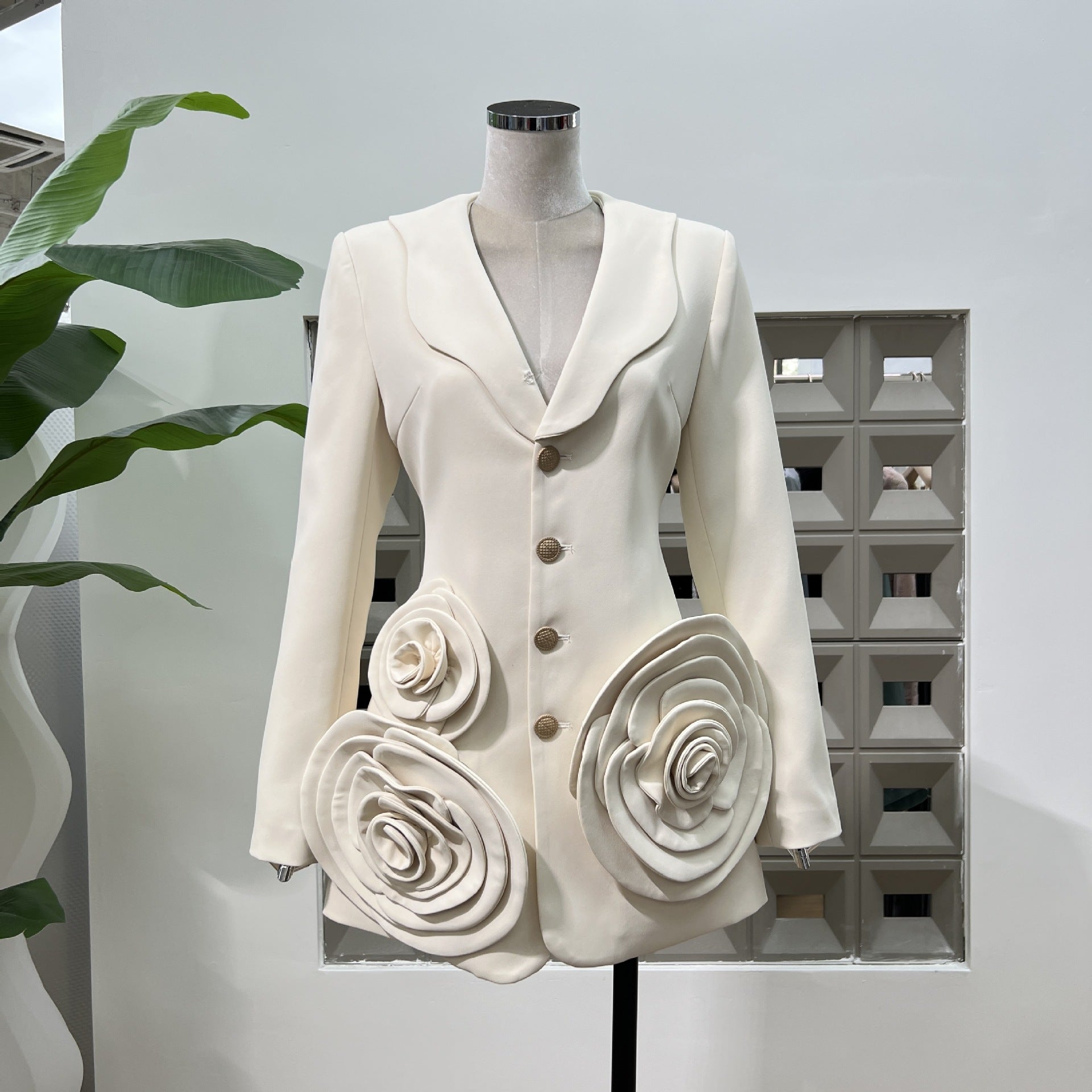 Long Sleeve Button Up Flower Blazer in Beige