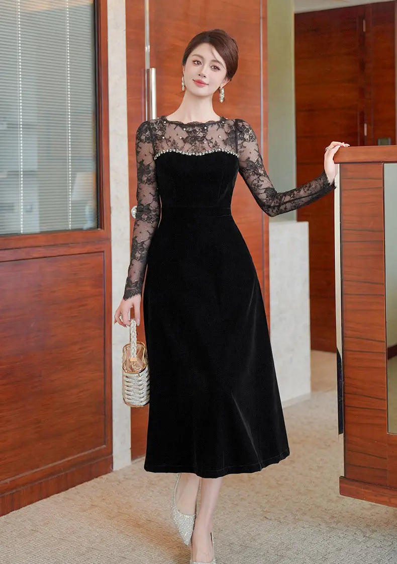 Lace Hollow Sleeve Rhinestone Maxi Dress in Black