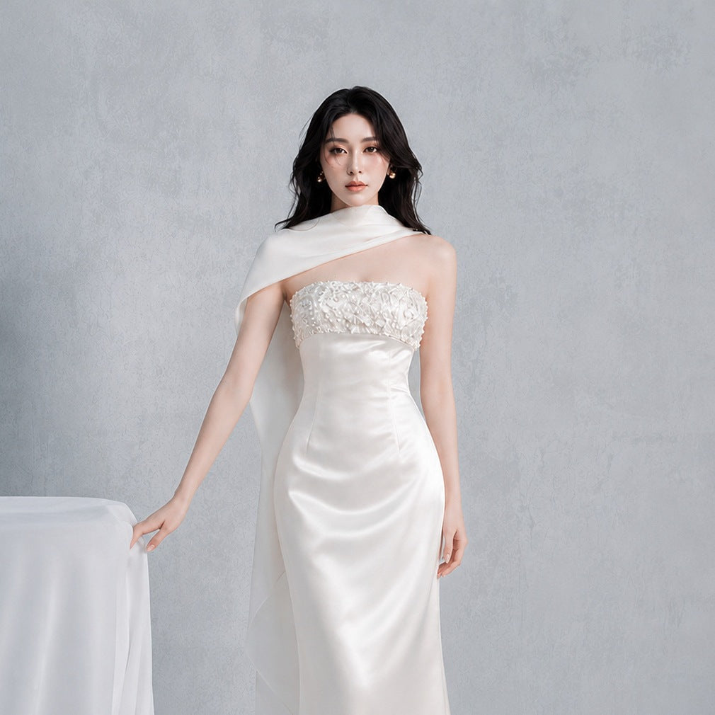 Rhinestone Embellish Satin Maxi Dress - White