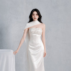 Rhinestone Embellish Satin Maxi Dress - White