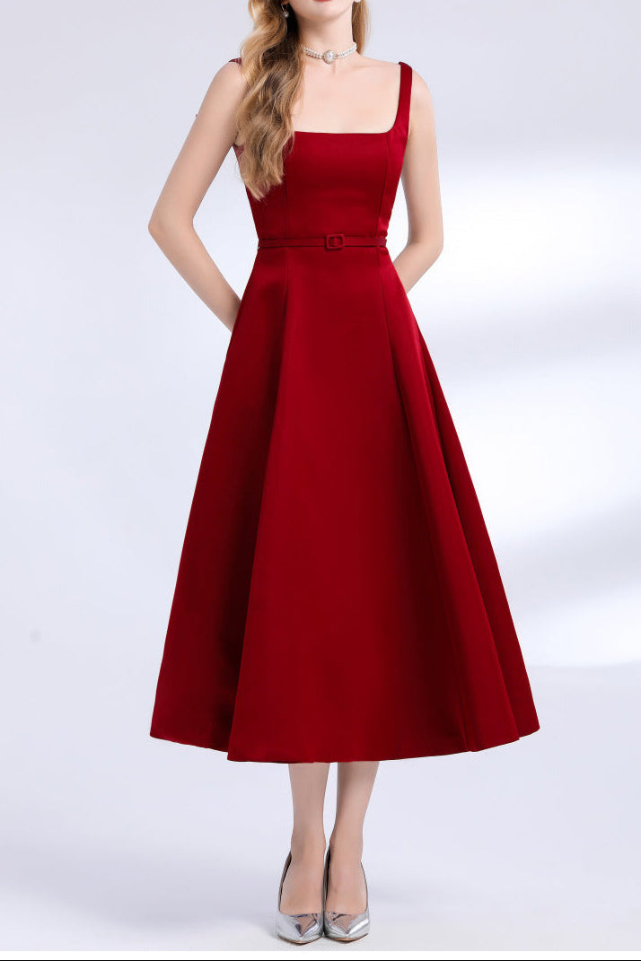 Square Neck Satin Slip Midi Dress - Red