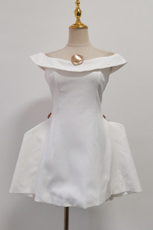 Metal Detail A-Line Off-Shoulder Mini Dress in White