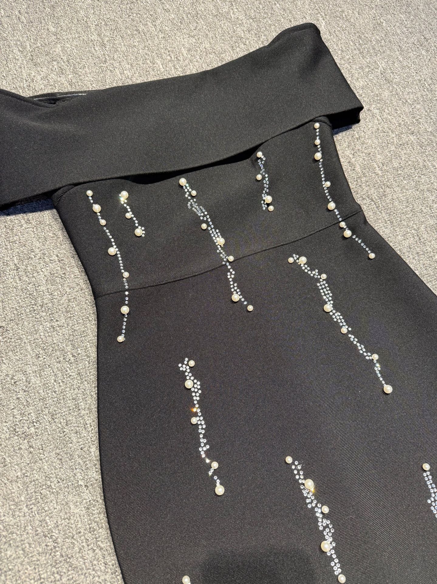 Off-Shoulder Rhinestone Bandage Maxi Dress in Black