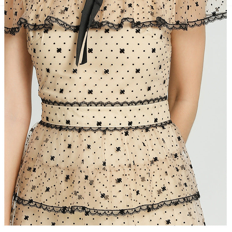 Floral Embroidery Mesh Midi Dress in Apricot